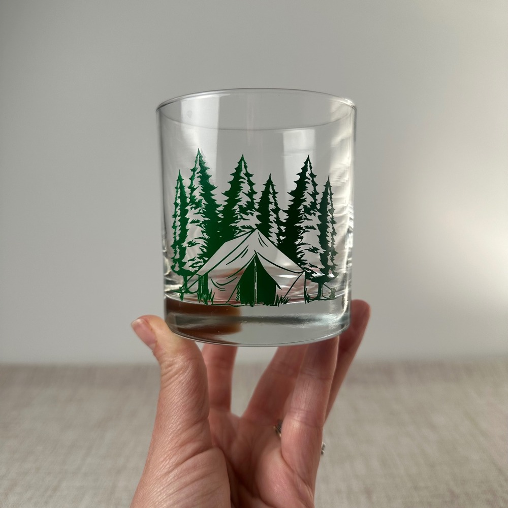 Camping Tent Pine Trees Rocks Glass 11 Oz Whiskey Lowball Tumbler